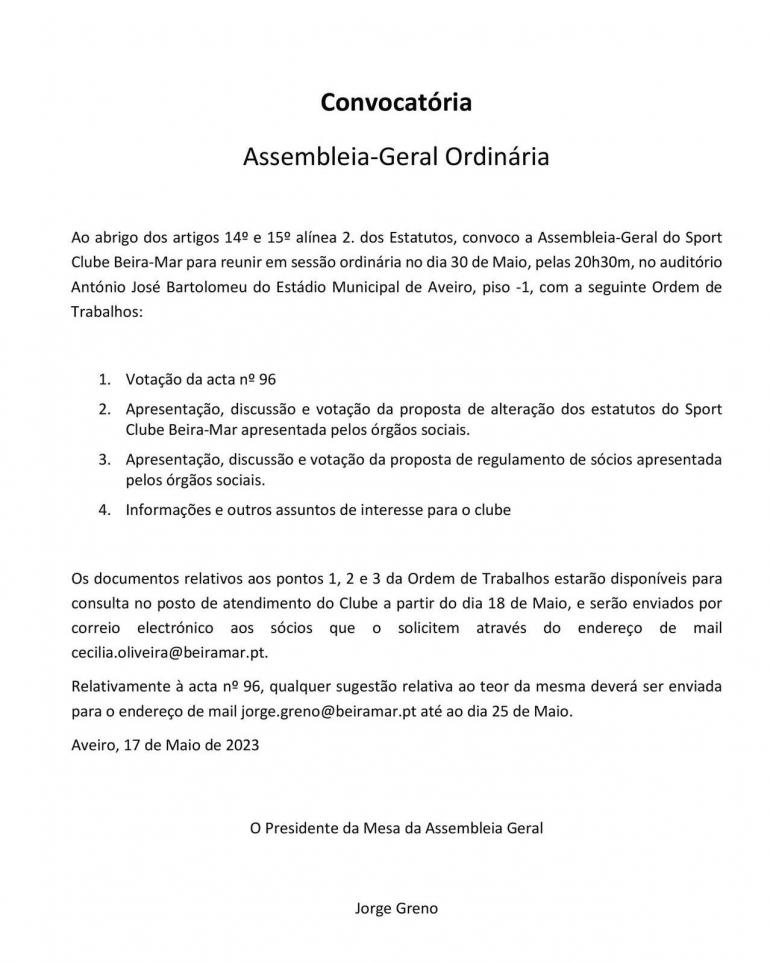 Assembleia Geral a 30 de maio
