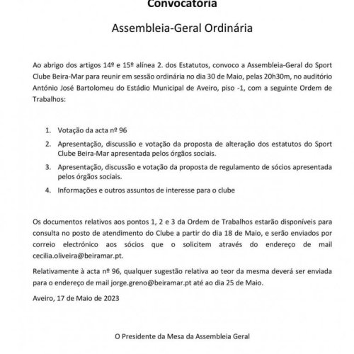 Assembleia Geral a 30 de maio