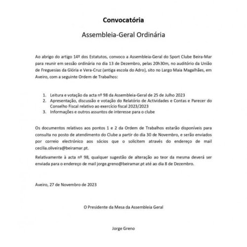 Assembleia Geral marcada para 13 de dezembro
