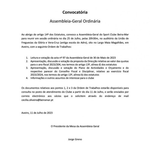 Assembleia Geral marcada para o próximo dia 25 