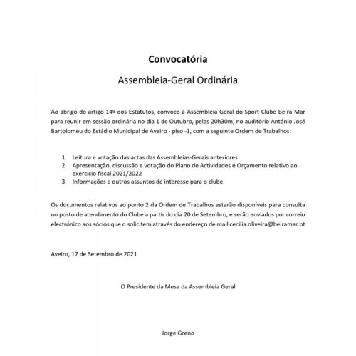 Assembleia-Geral no próximo dia 1 de outubro