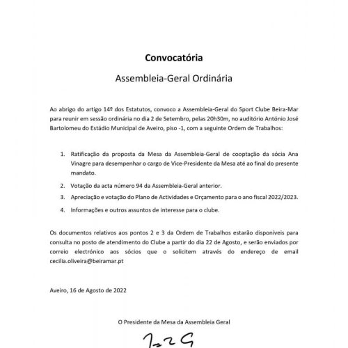 Assembleia Geral no próximo dia 2 de setembro