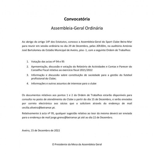 Assembleia Geral no próximo dia 29 de dezembro