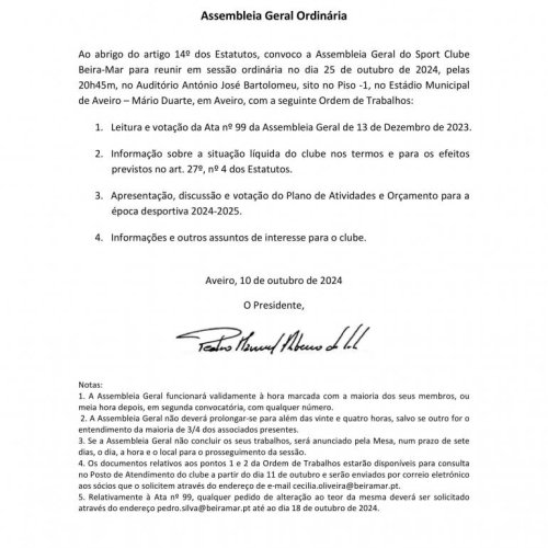 Assembleia Geral Ordinária no dia 25 de outubro