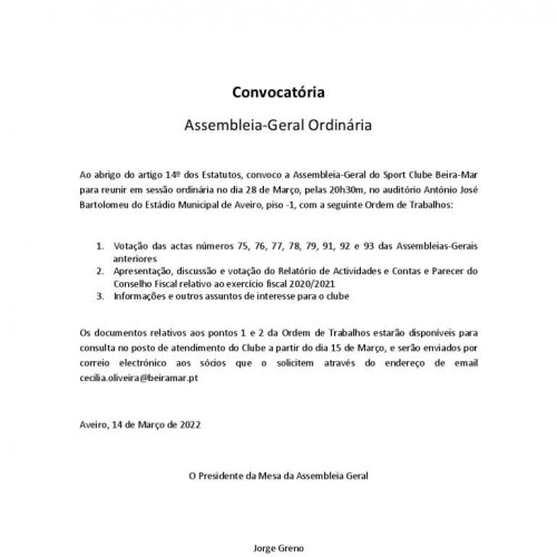 Sócios reúnem em Assembleia-Geral Ordinária no dia 28